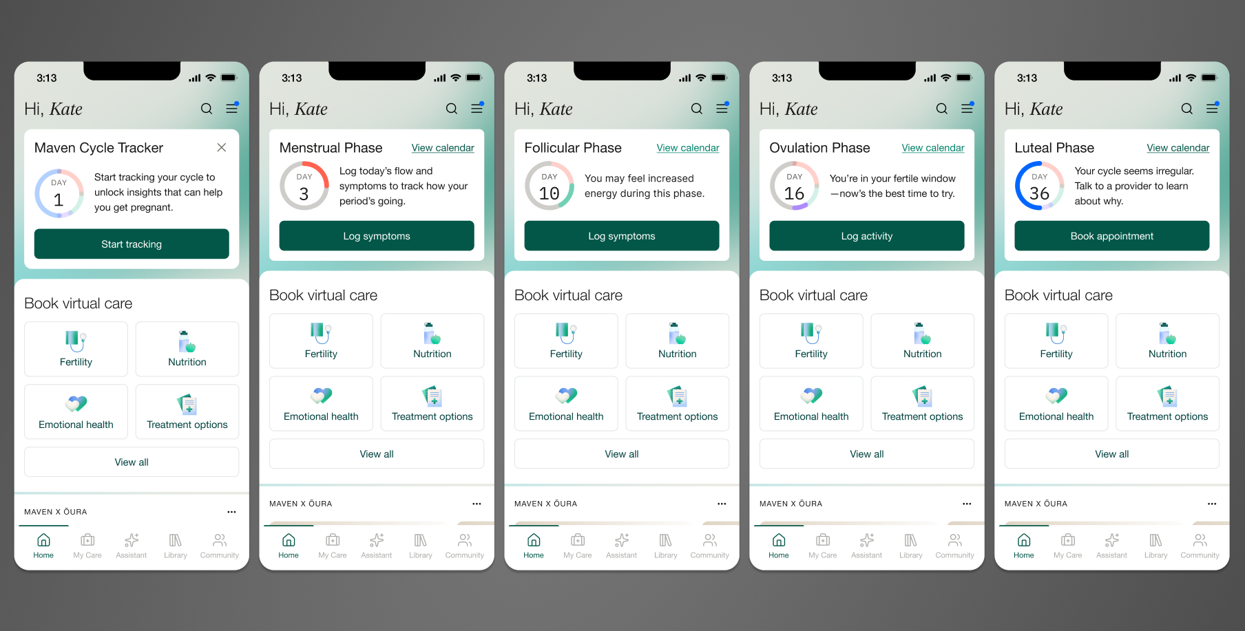 Five phone mockups of the Maven Cycle Tracker homepage widget across the menstrual, follicular, ovulation, and luteal phases, plus the pre-onboarding start-tracking state