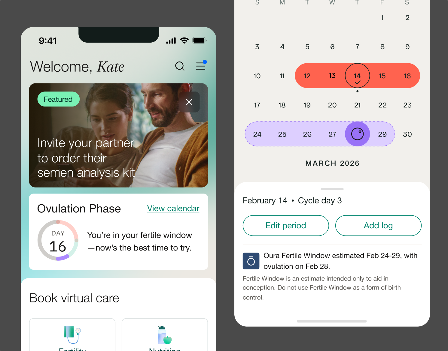 Maven Fertility homepage with a semen analysis partner invite card and the Oura fertile window calendar
