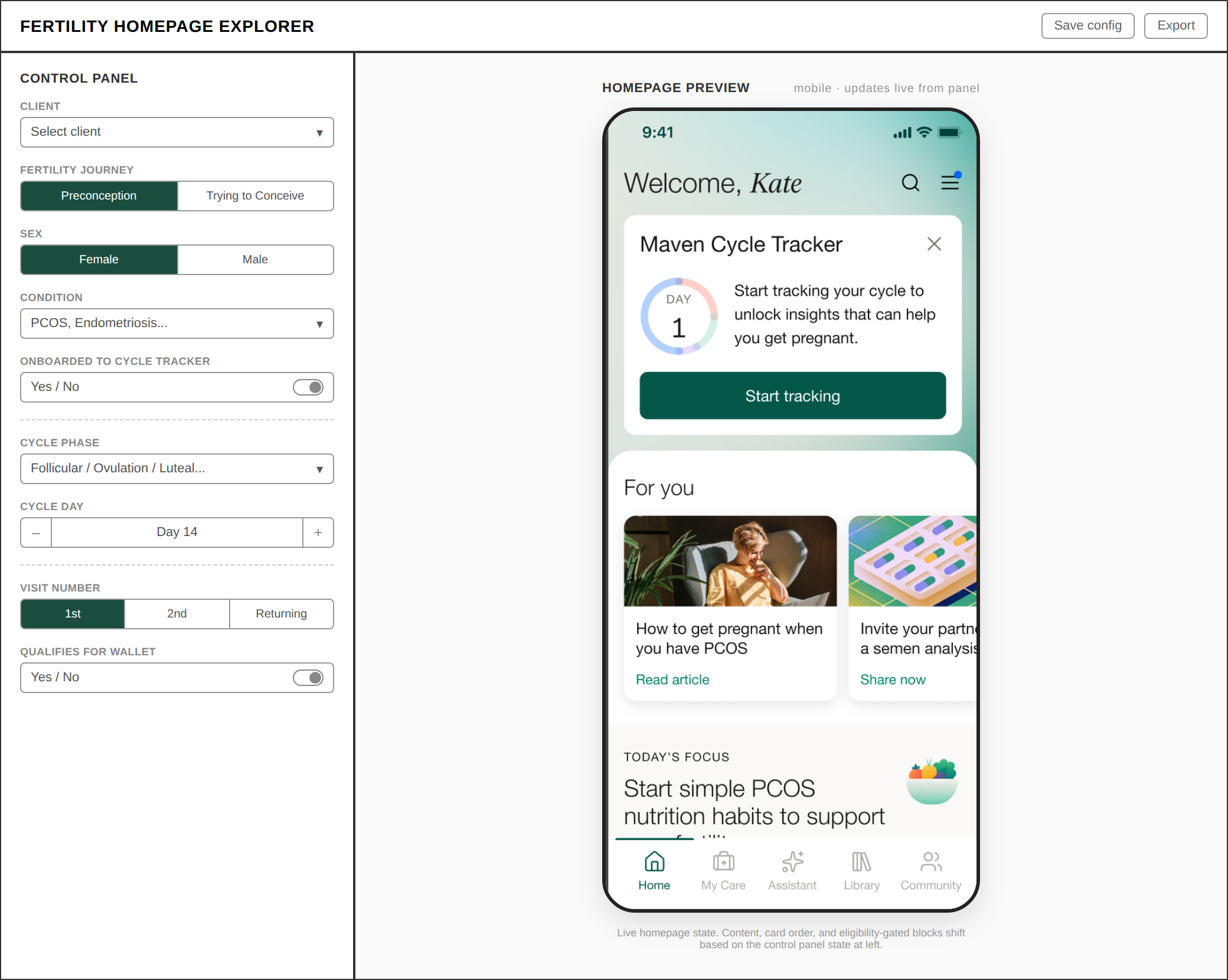 The Fertility Homepage Explorer prototype: a control panel on the left with settings for client, fertility journey, sex, condition, cycle tracker onboarding, cycle phase and day, visit number, and wallet eligibility, alongside a live mobile homepage preview on the right showing the resulting Maven Cycle Tracker card, For you content, and Today's Focus block