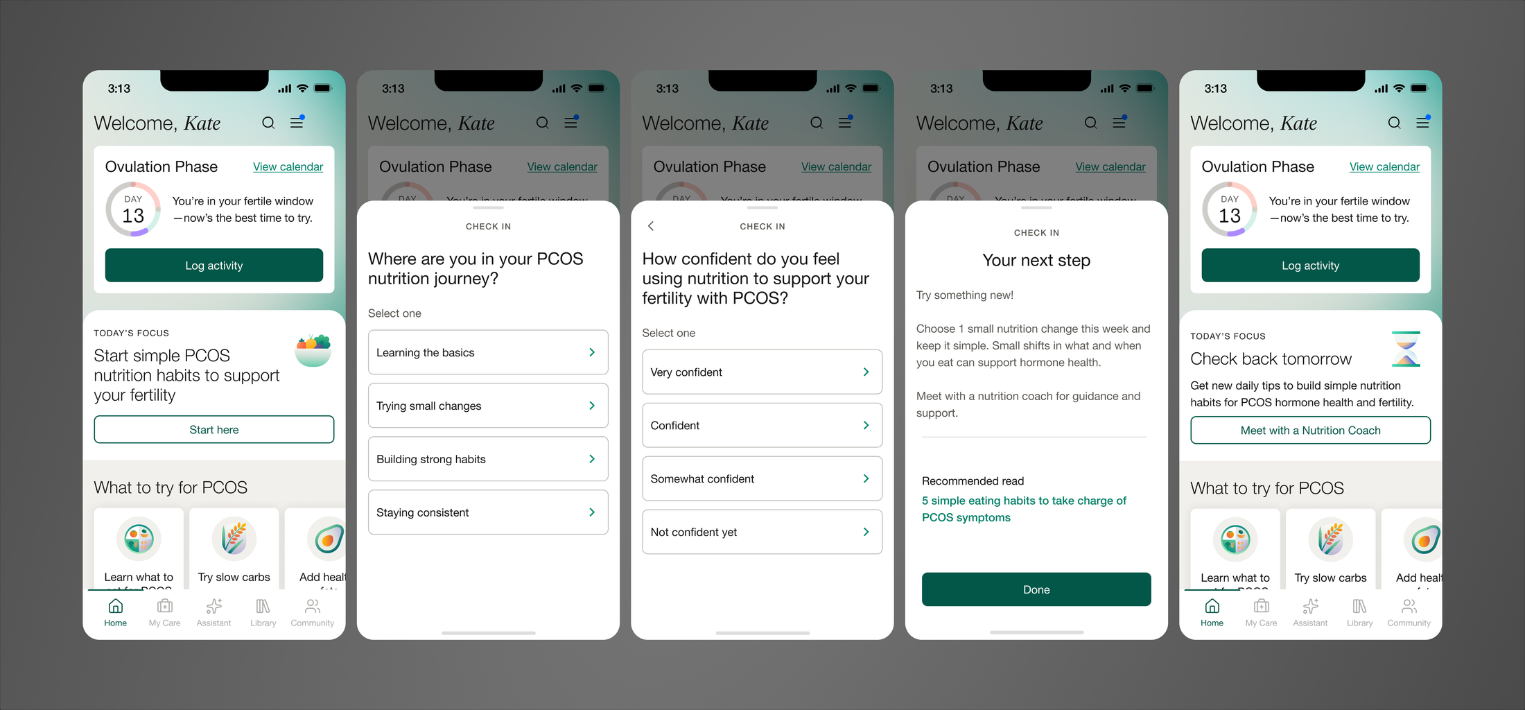 Five phone mockups of the Maven PCOS nutrition module: the homepage with a Log activity card and Today's Focus, a check-in question on where the user is in their PCOS nutrition journey, a confidence question, a Your next step recommendation with a recommended read, and a Check back tomorrow state with a Meet with a Nutrition Coach prompt