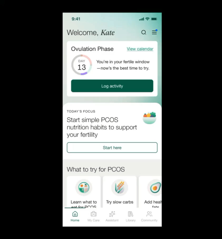Screen recording of the working Figma Make prototype: the PCOS nutrition homepage scrolling through the Ovulation Phase card, a Today's Focus block prompting simple PCOS nutrition habits, and a What to try for PCOS carousel