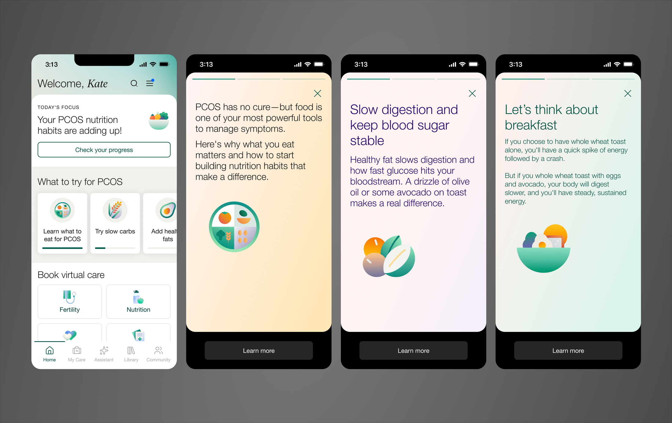 Four phone mockups of the Maven PCOS story-card carousel: the homepage entry point and three illustrated cards on how PCOS nutrition affects symptoms, slowing digestion to keep blood sugar stable, and building a balanced breakfast