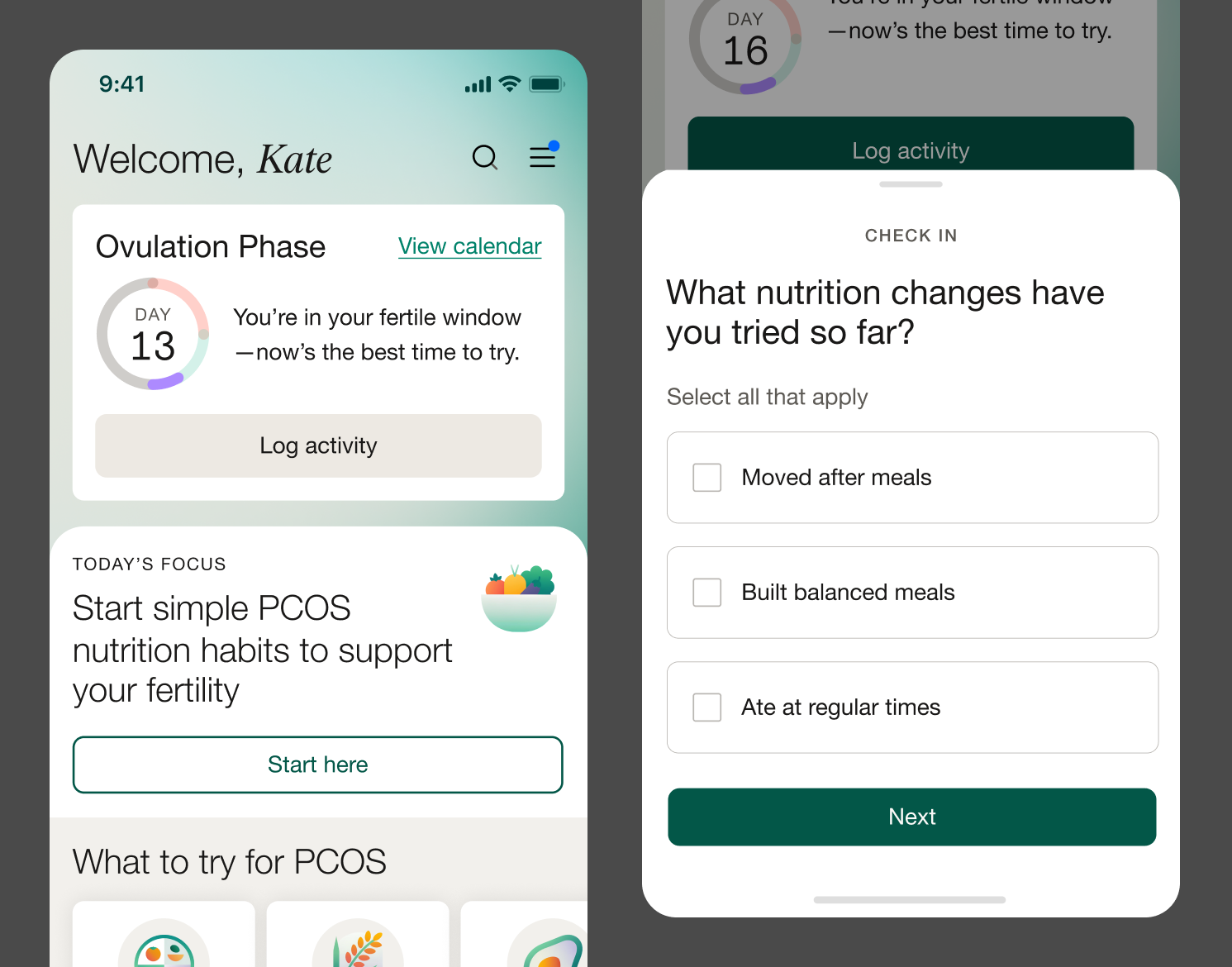 Maven Fertility homepage with a PCOS nutrition prompt and a check-in question about nutrition changes tried so far