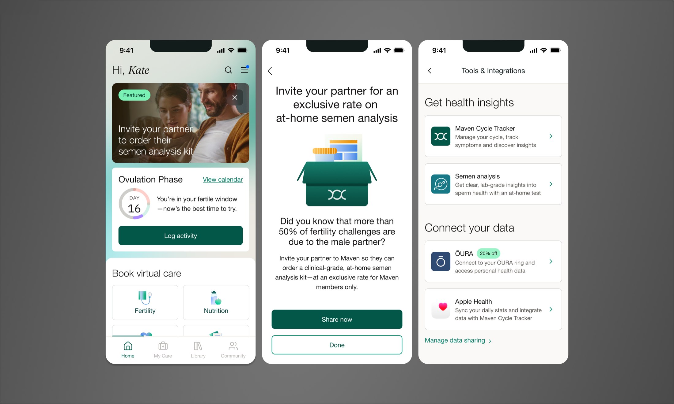 Three phone mockups of the Maven homepage with a Featured Action Card inviting a partner to order a semen analysis kit, the invite-your-partner screen with an exclusive rate offer, and the Tools and Integrations page listing the semen analysis offering