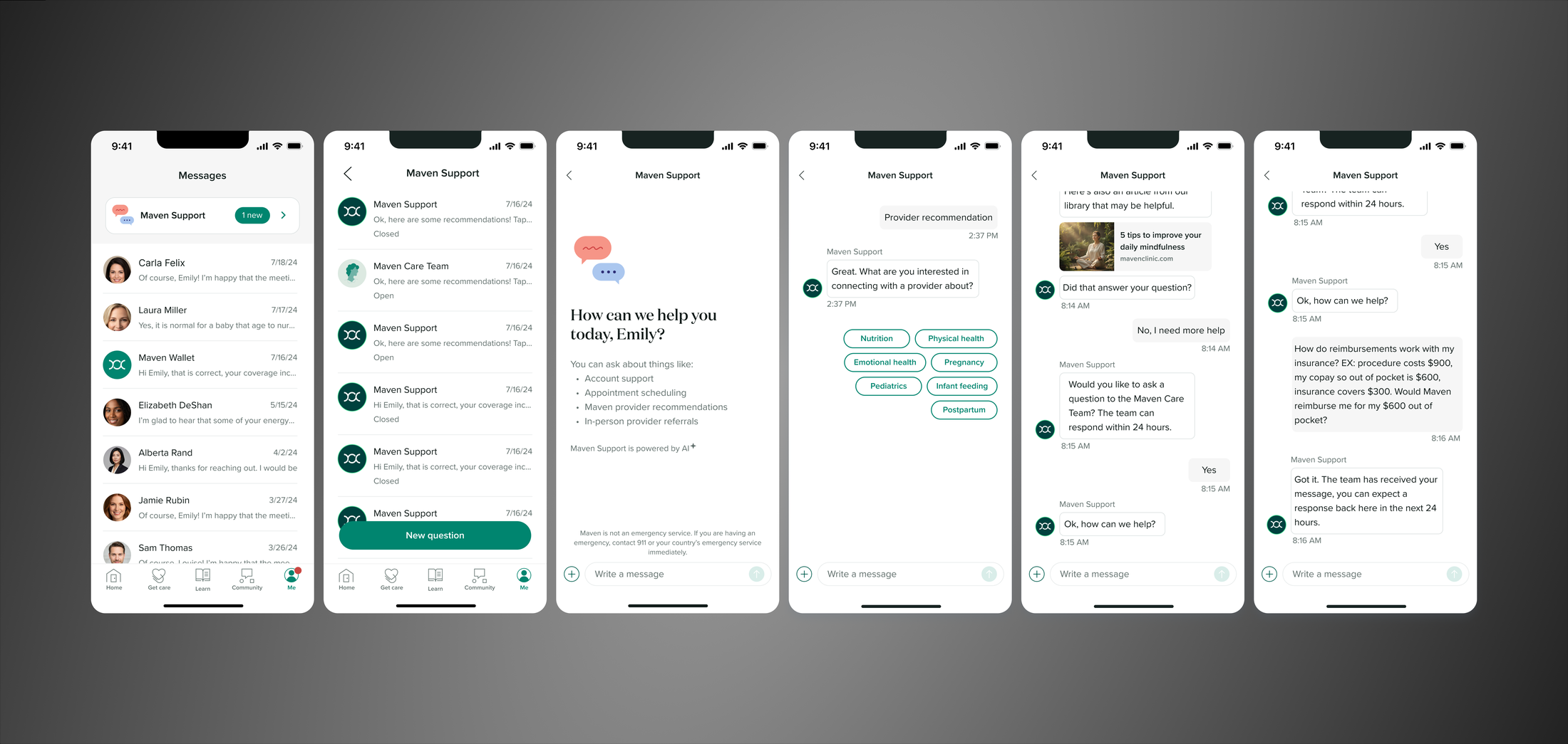 Six screens showing the Messages list with a Maven Support entry point, the Maven Support conversation list, the chat start screen, provider recommendation topic bubbles, a handoff to the Maven Care Team, and a user asking a reimbursement question