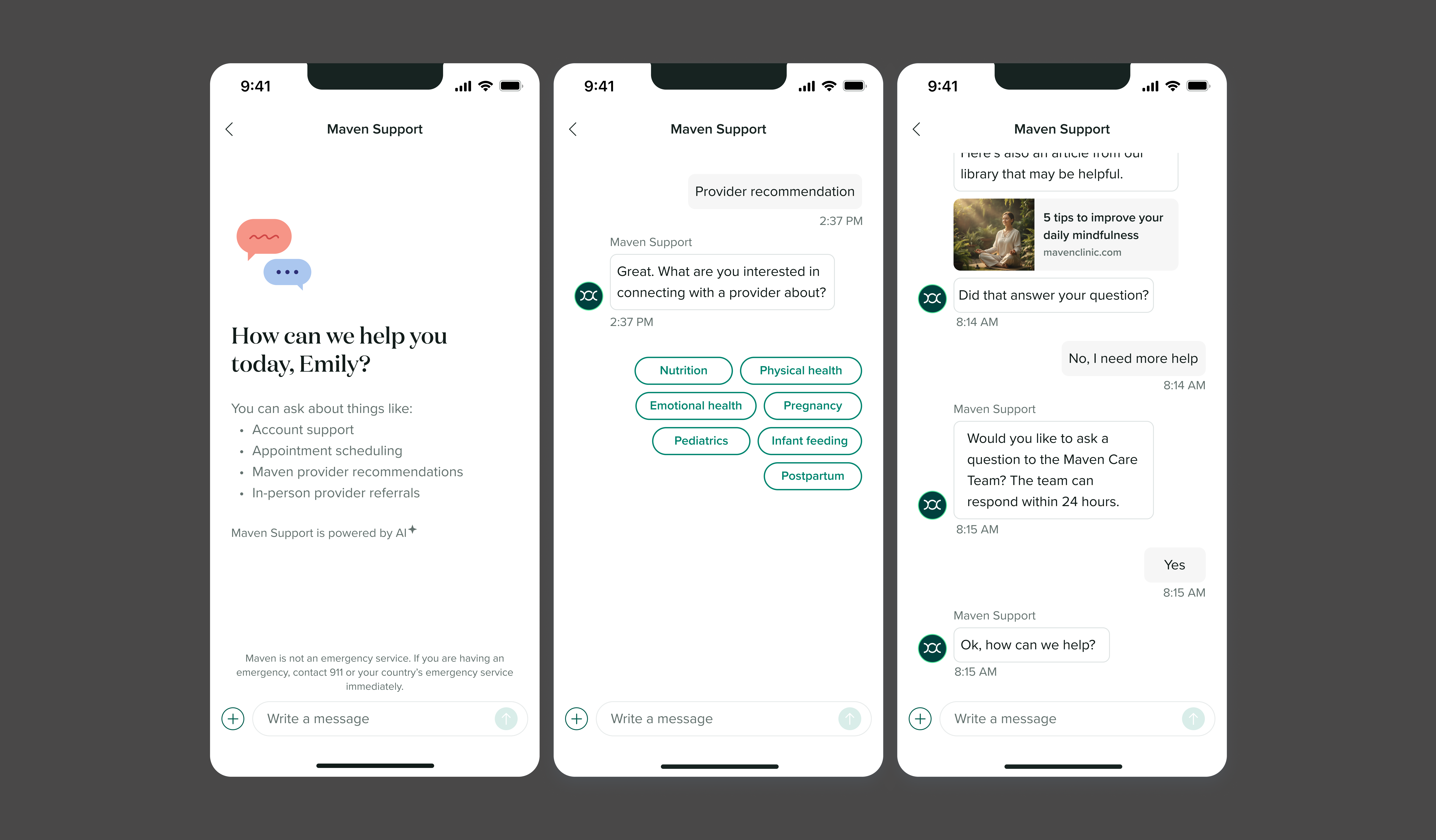 Maven Support chat UI showing the support home screen, provider recommendation options, and Maven Care Team handoff