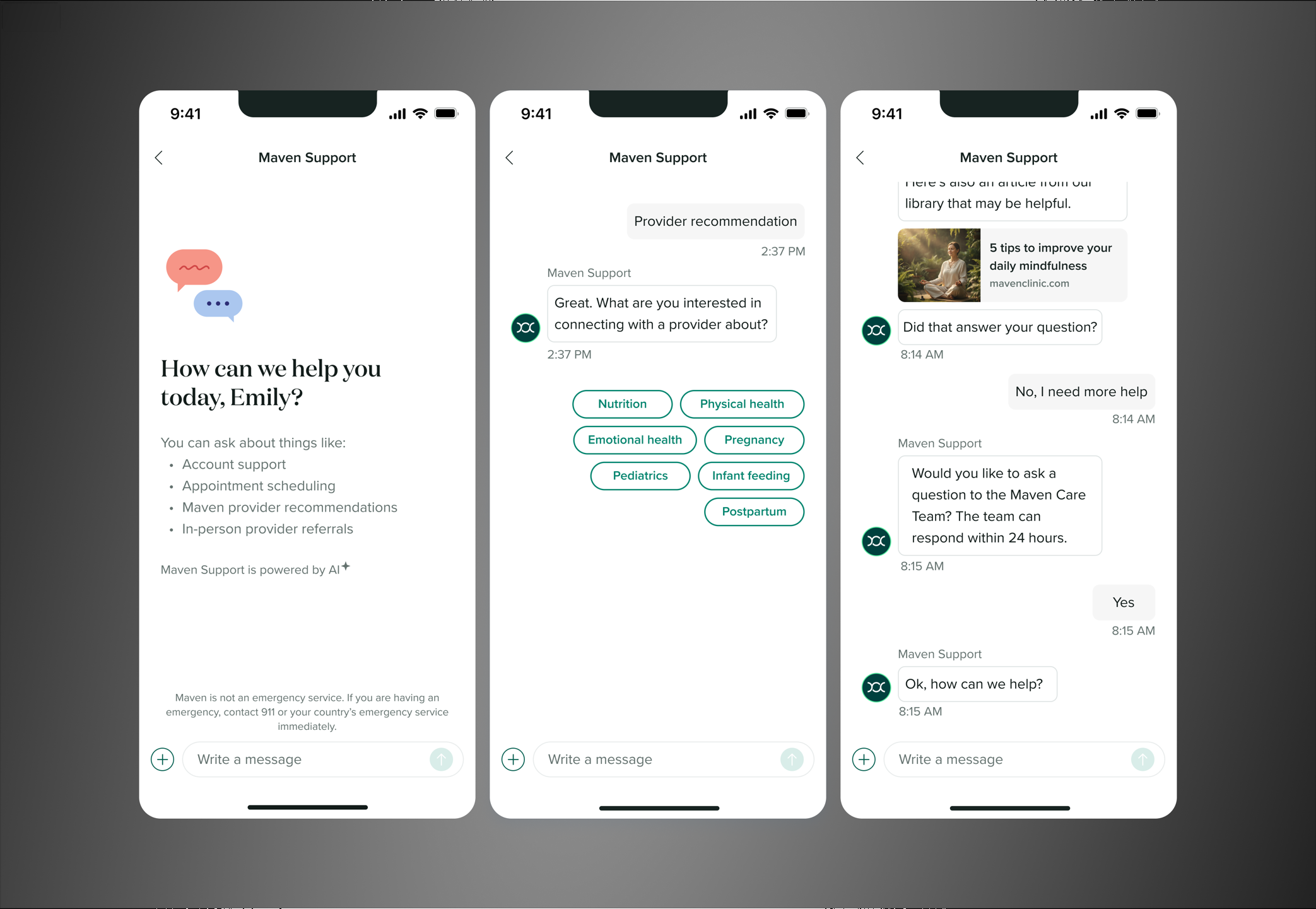 Three phone mockups of the Maven Support chat: the support home screen, provider recommendation topic options, and the Maven Care Team handoff with a helpful article