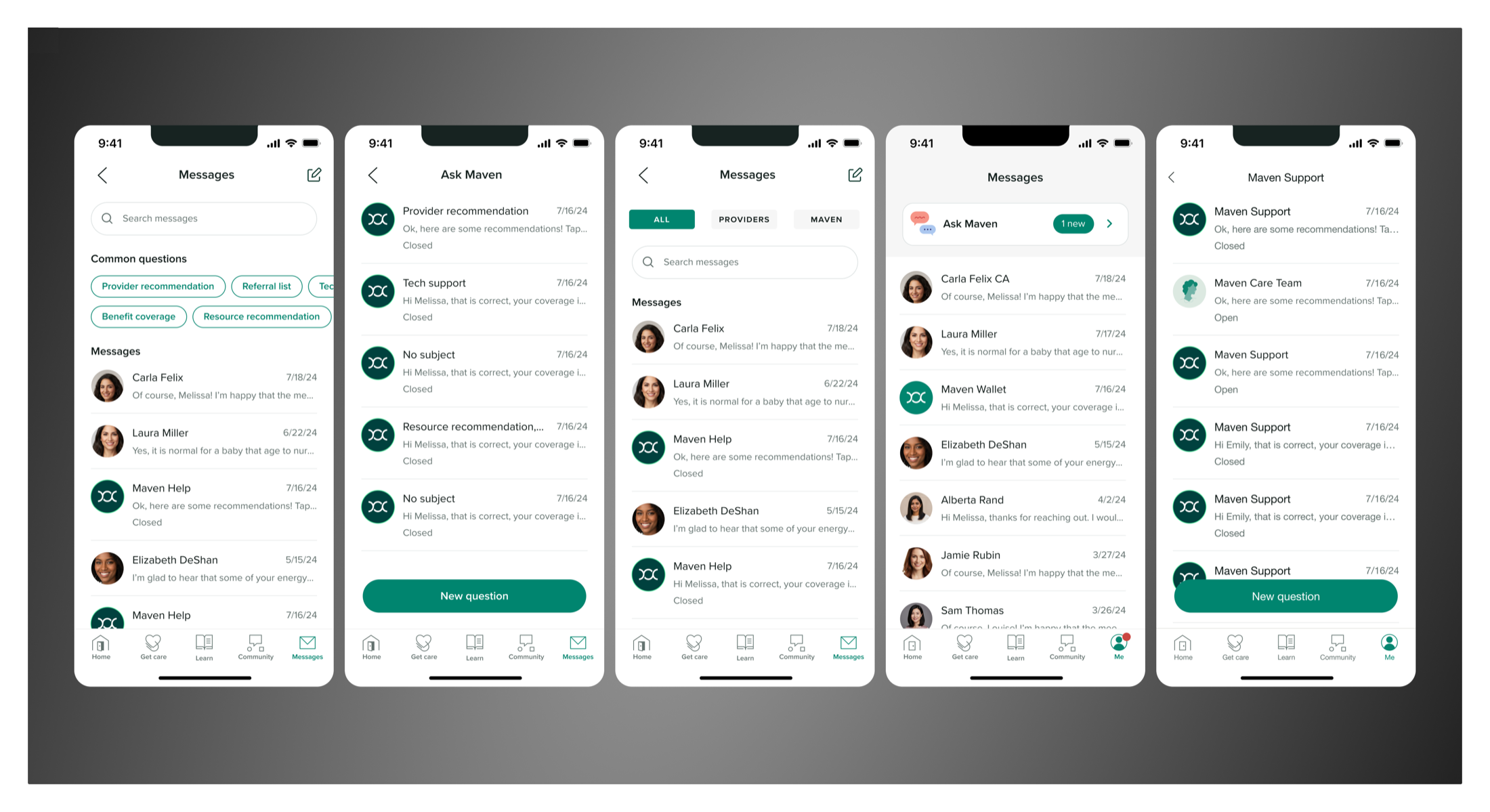 Five inbox states: the Messages list with Ask Maven entry point, the Ask Maven message list, filterable All/Providers/Maven messages view, the Featured Ask Maven card in the inbox, and the Maven Support conversation list