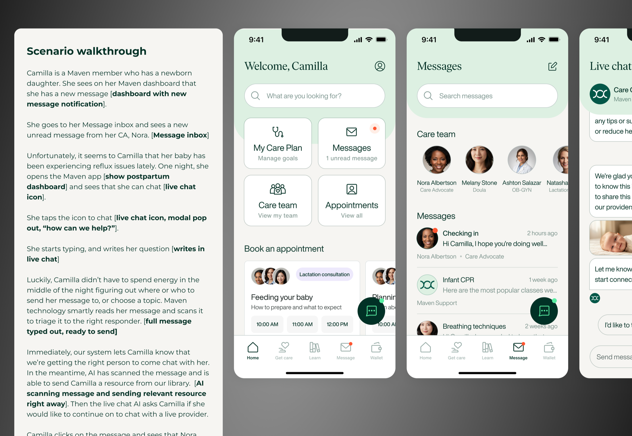Scenario walkthrough of Camilla, a Maven user with a newborn, using Support Chat: dashboard notification, message inbox, live chat modal, AI scanning her message and sending a relevant resource, and the live chat conversation