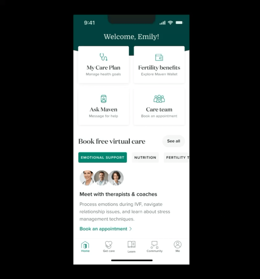 Screen recording of the Support Chat prototype: a user opens an Ask Maven thread, sends a question the AI can answer, receives a resource inline, then asks a question that triggers a handoff to the Maven Care Team