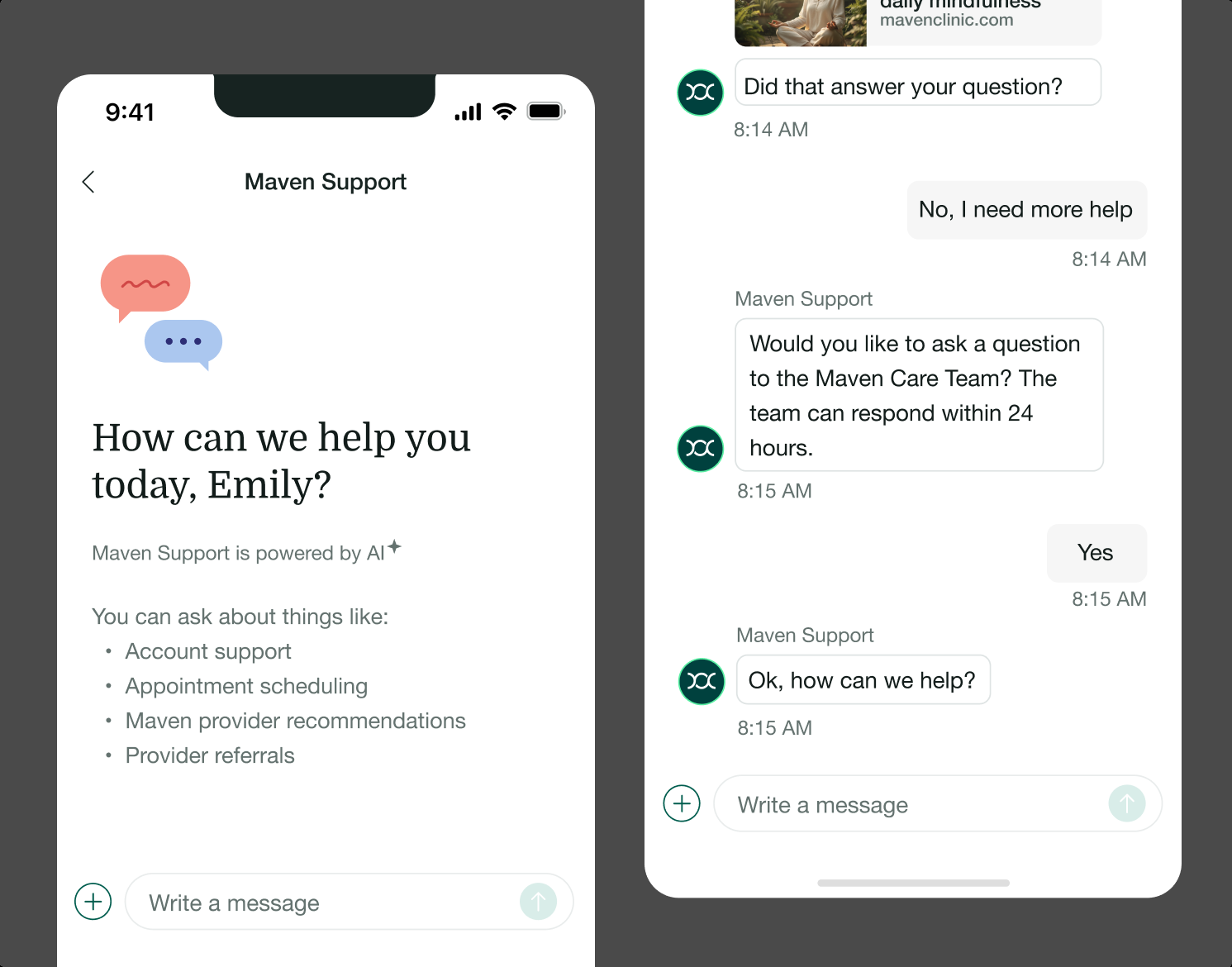 Maven Support chat UI showing the support home screen and an AI-to-human handoff conversation